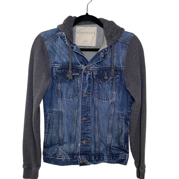 Aeropostale Jean Jacket Hooded Button Up Blue Gray Y2K Punk Rock Retro Layers XS - Picture 1 of 11